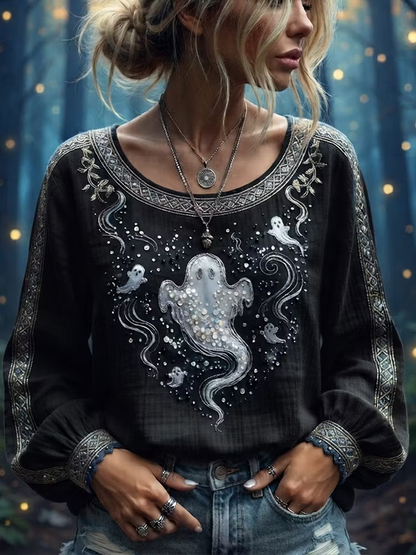 Women's Halloween Gothic Black Ghost Print Long-sleeve Top