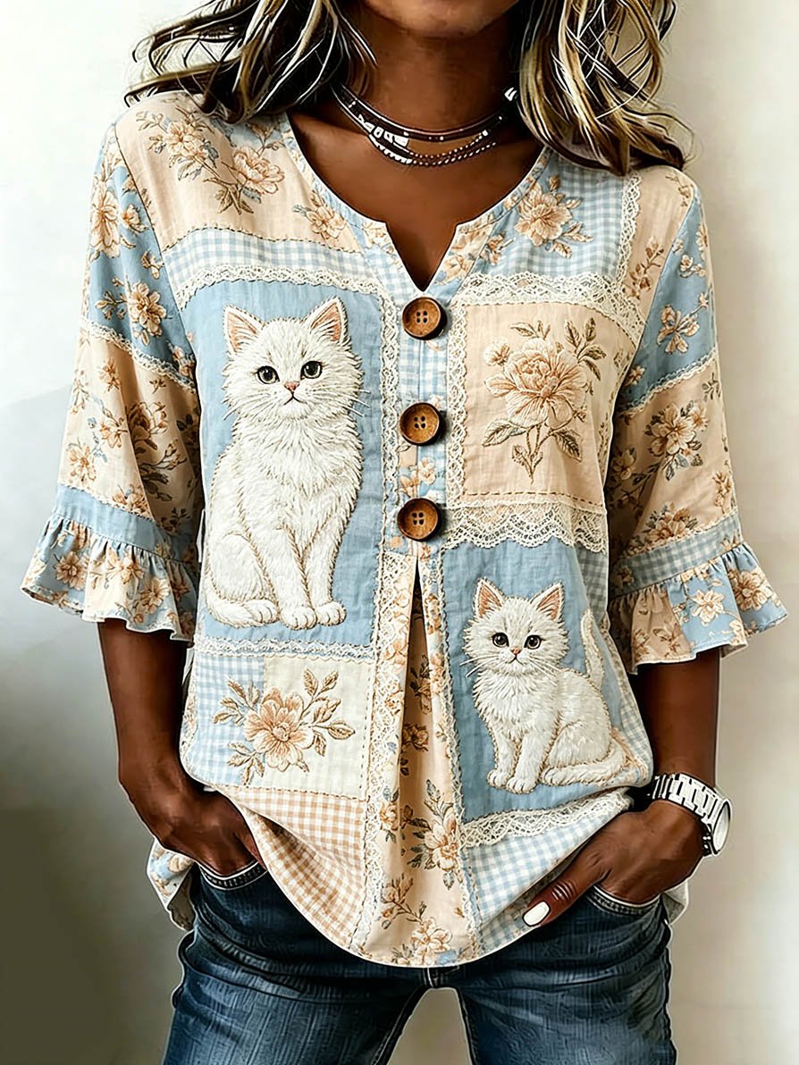 Women's Casual Animal Cat Floral Cotton Linen Top