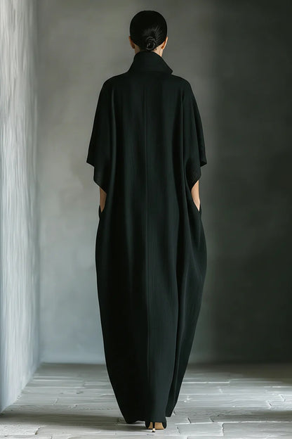 Women's Black Cotton Blend Fabric Oversized Kimono-Sleeve Maxi Dress With Pockets