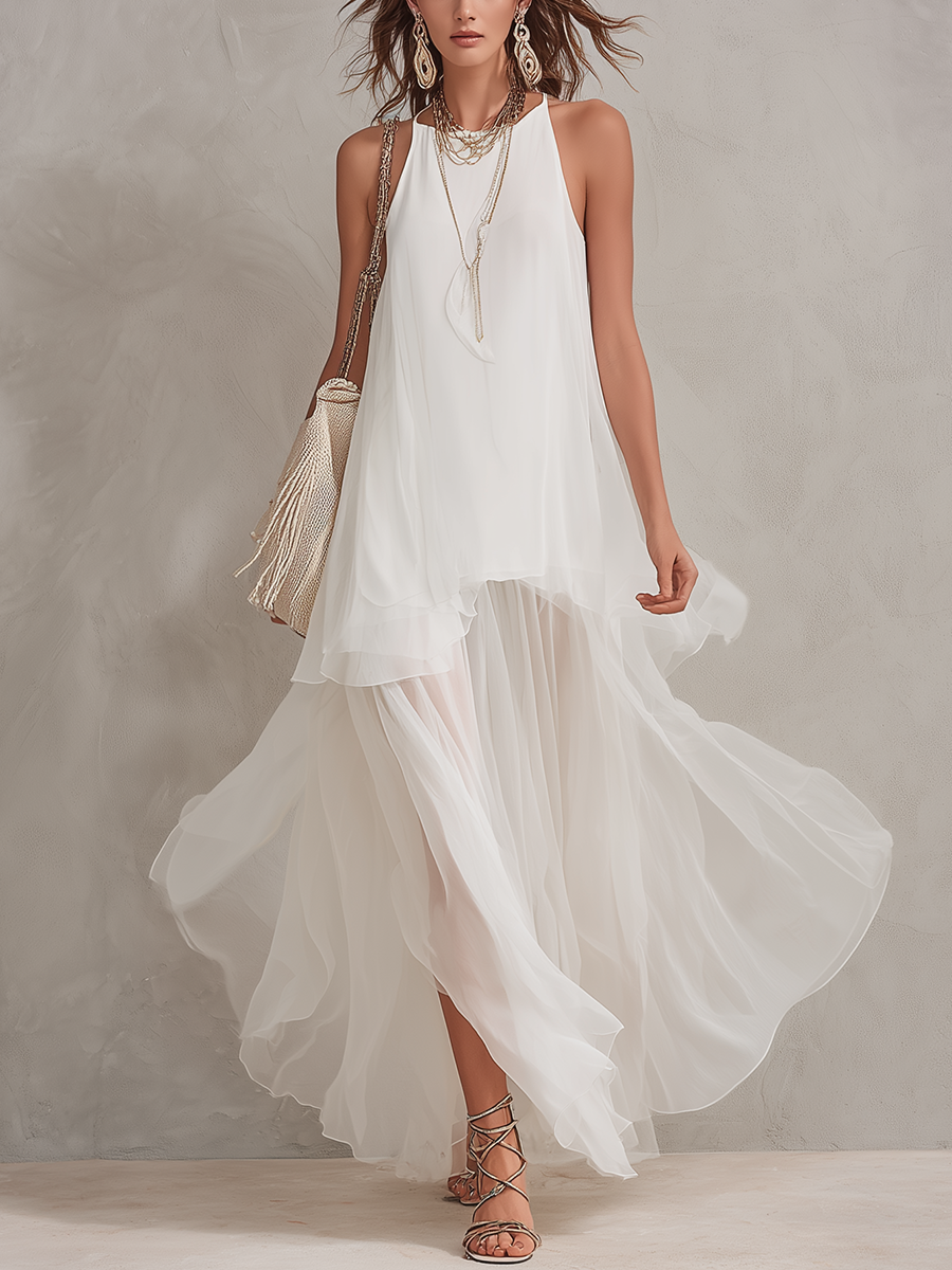 Bohemian White Chiffon Light Layered Long Dress