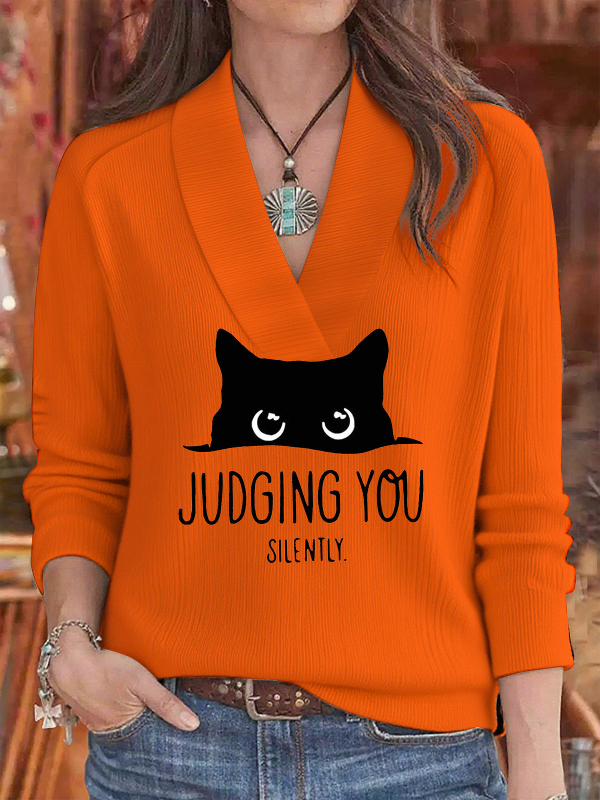 Women's Fall Look Black Cat Halloween Print Casual V-Neck Top