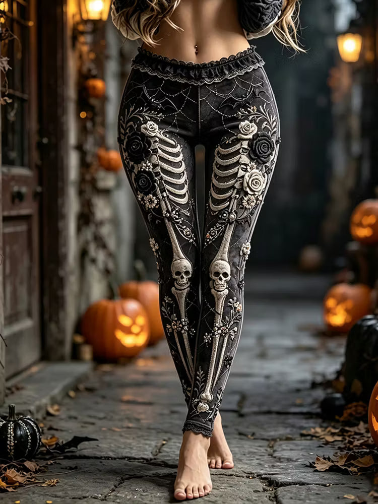 Women's Halloween Human Anatomy Art And Floral Art Casual Retro Leggings