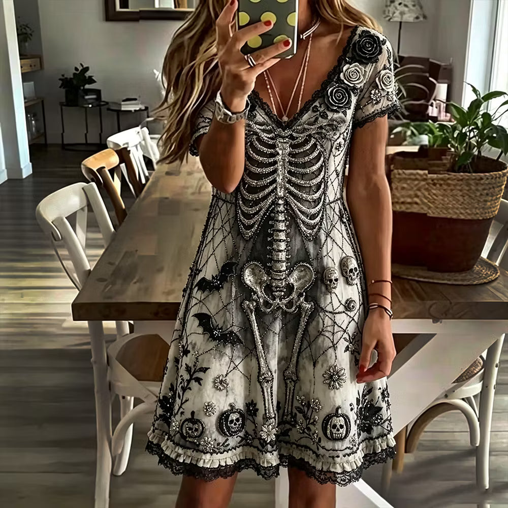 Women's Vintage Halloween Skull And Floral Spiderweb Art Casual Short Sleeve Dress