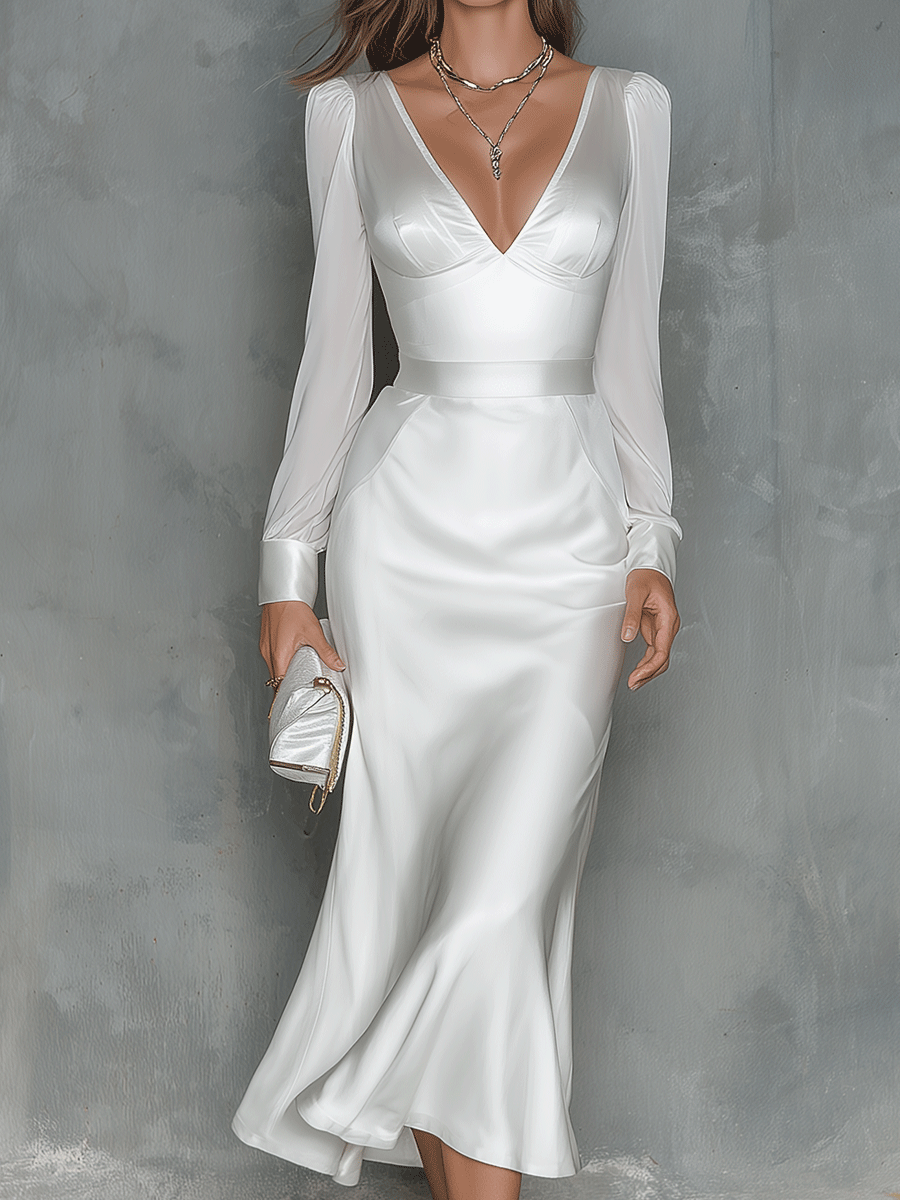 Elegant White Satin V-Neck Midi Dress