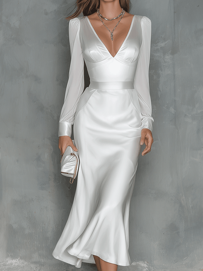 Elegant White Satin V-Neck Midi Dress