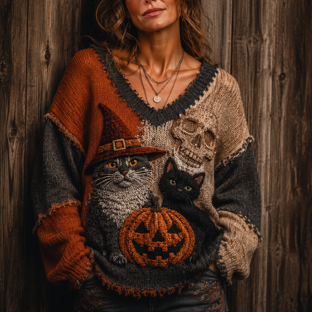 Women's Vintage Halloween Patchwork Knit Sweater With Cat In Witch Hat And Pumpkin Graphic