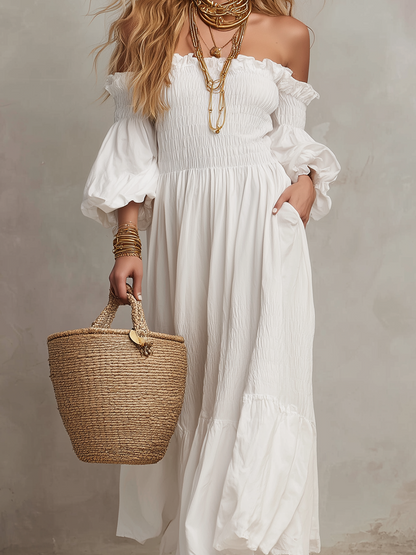 Pure White Off The Shoulder Bohemian Style Long Dress