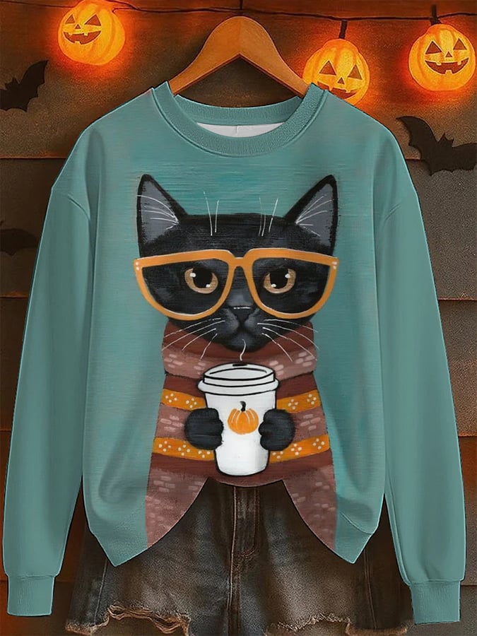 Women's Autumn Cozy Cat in Clothes Print Sweatshirt