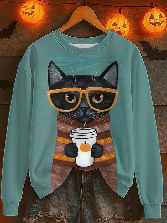Women's Autumn Cozy Cat in Clothes Print Sweatshirt