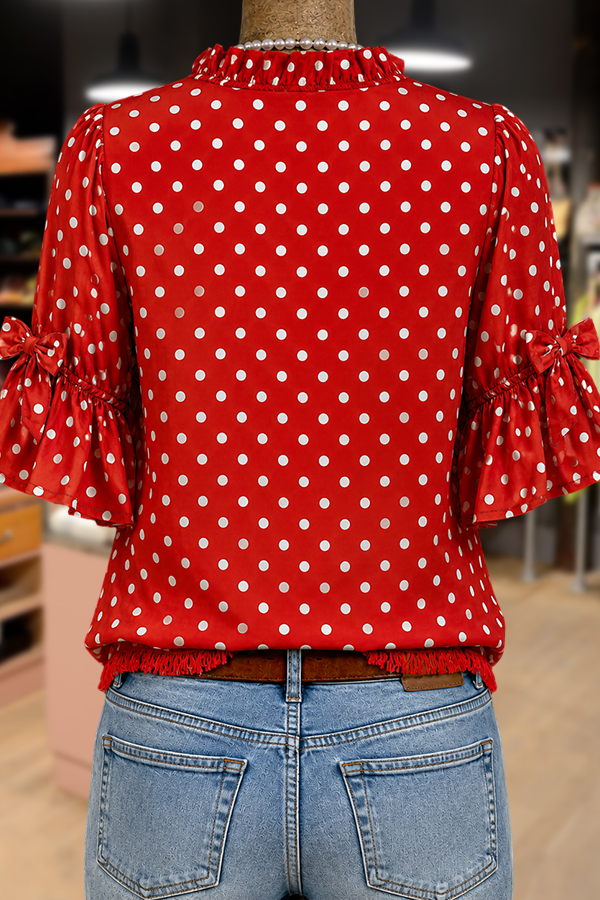 Chic Polka Dot Print Ruffle Neck Bow Decor Half Sleeve Blouse