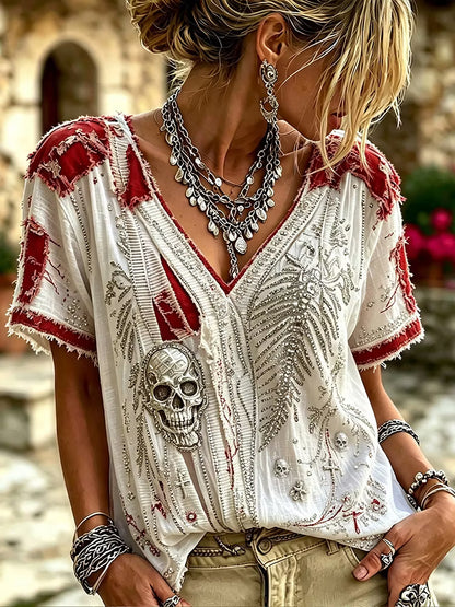 Gothic Bohemian Style Distressed Skull Embroidery Red Patchwork Women's Short-sleeve Top