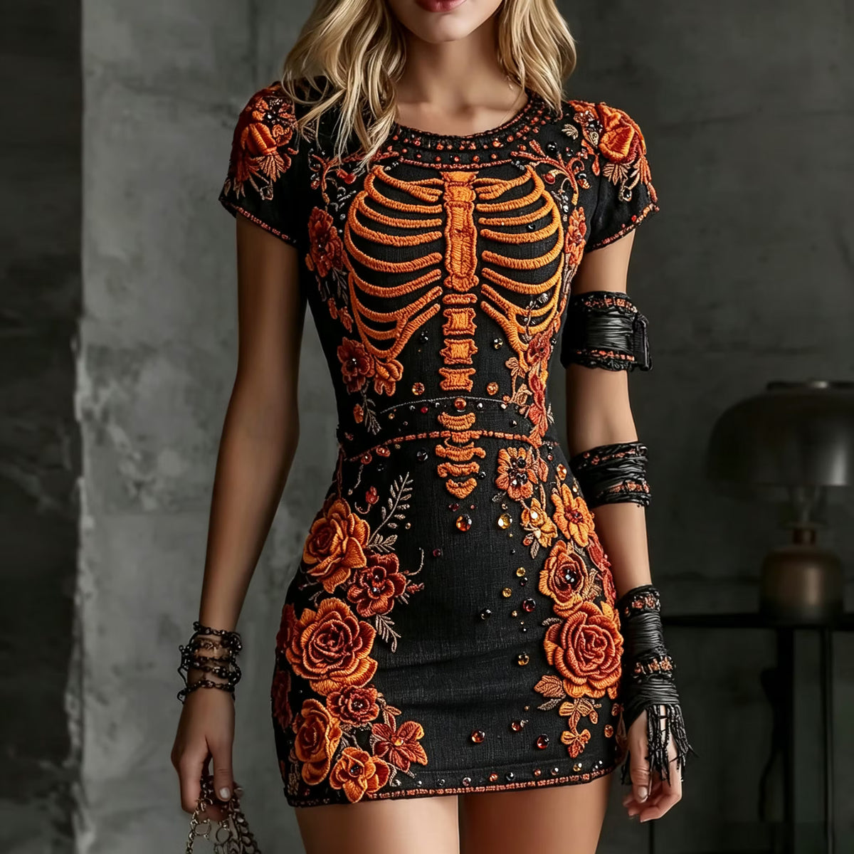 Women's Retro Halloween Skull And Floral Embroidered Round Neck Short Sleeve Dress