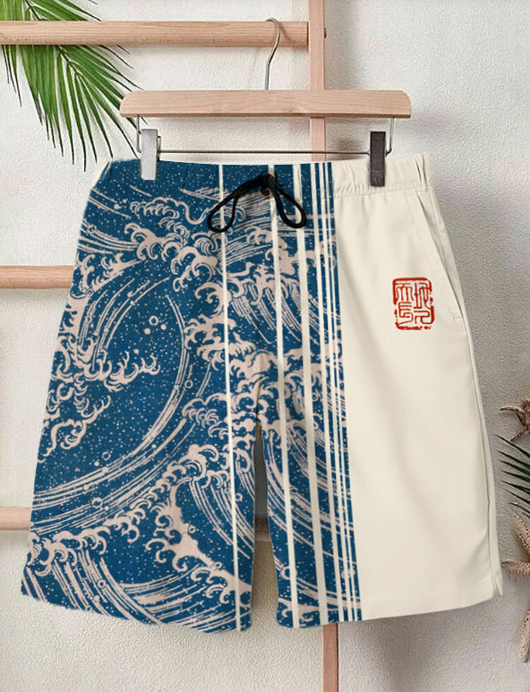 Men's Waves Print Pocket Drawstring Casual Beach Shorts