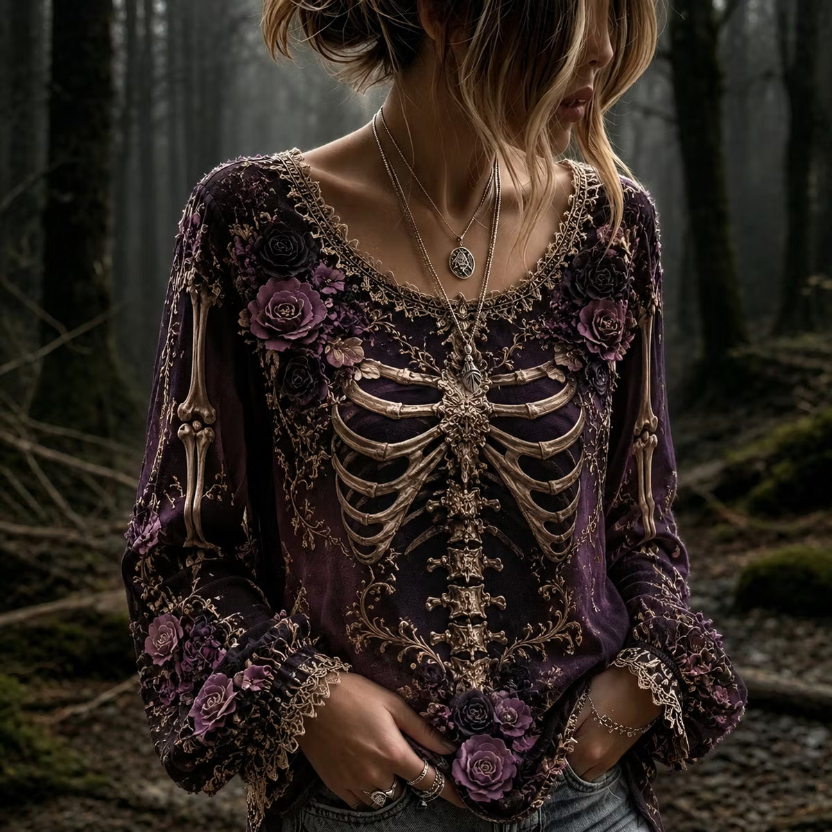 Women's Vintage Halloween Rose And Human Skeleton Art Graphic Long Sleeve T-shirt