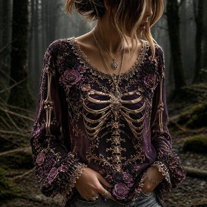 Women's Vintage Halloween Rose And Human Skeleton Art Graphic Long Sleeve T-shirt