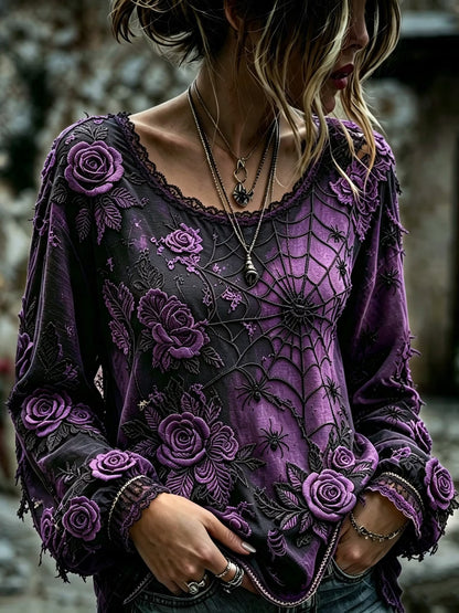 Women's Retro Halloween Style Spider And Rose Embroidered Print Top