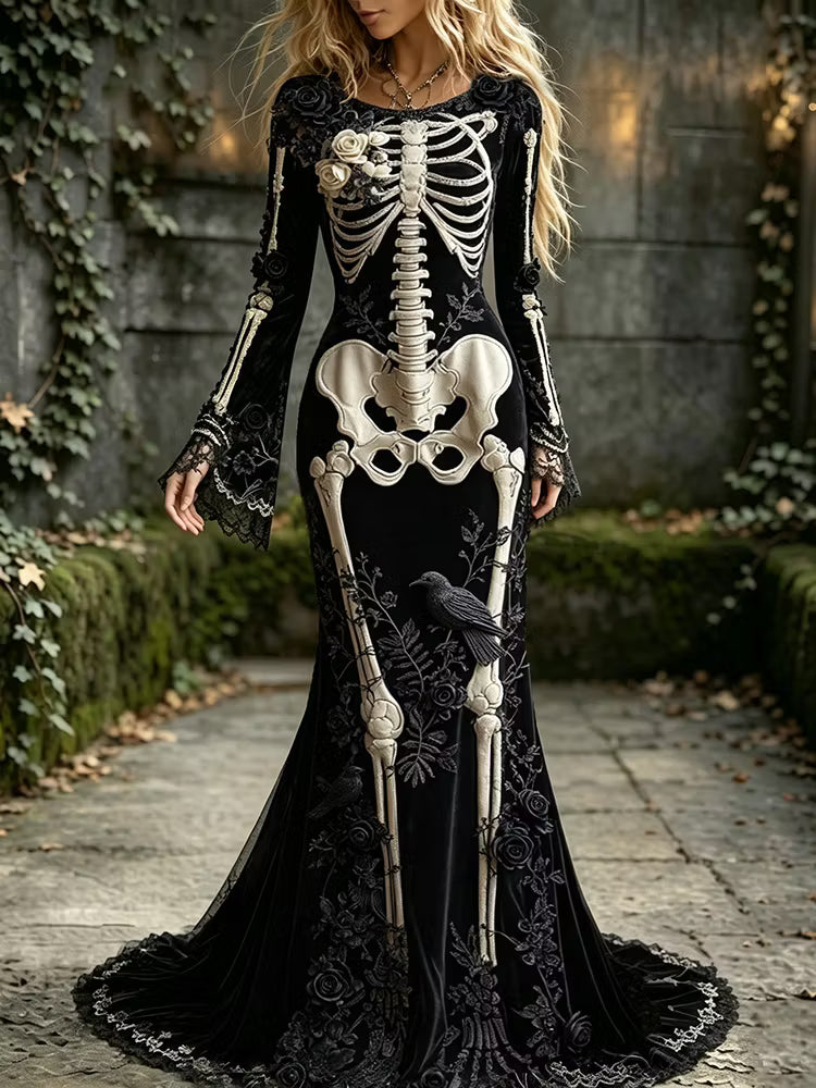 Women's Halloween Dark Gothic Raven With Skull Floral Elegant Velvet Round Neck Long Sleeve Dress