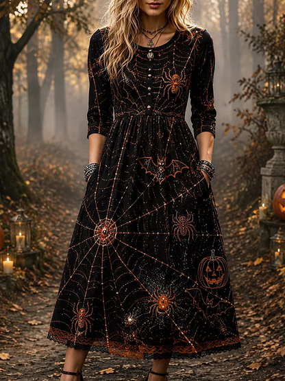 Women's Halloween Vintage Spiderweb, Bat & Pumpkin Print Long-sleeve Maxi Dress