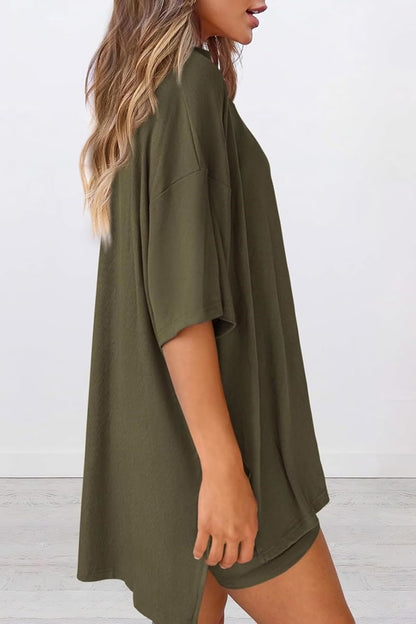 Women 2 Piece Outfits Crew Neck Oversized Tshirts and Biker Shorts with Pocket Matching Lounge Sets