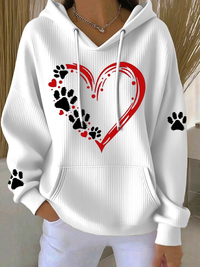 Women's Heart Paw Print Casual Hoodie Sweatshirt