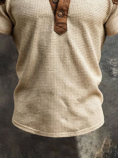 Men'S Short-Sleeve Polo-Collar Top With Retro Leather Paneling And Color-Block Design