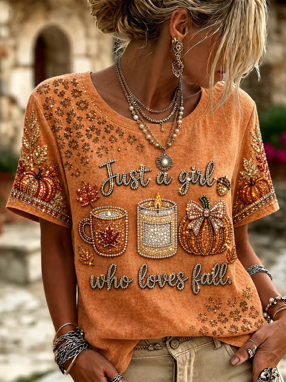 Women's Autumn Pumpkin Art Print Short Sleeve Casual T-shirt