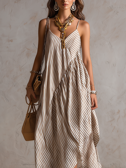 Neutral Striped Asymmetric Boho Maxi Dress