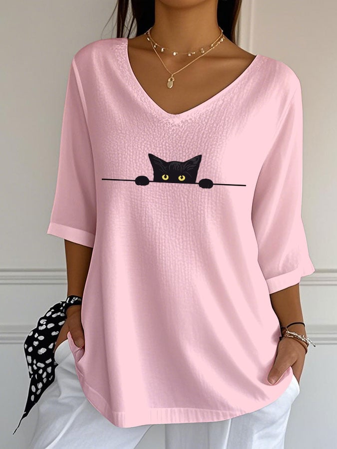 Women's Cute Cat Print Casual V-Neck T-Shirt