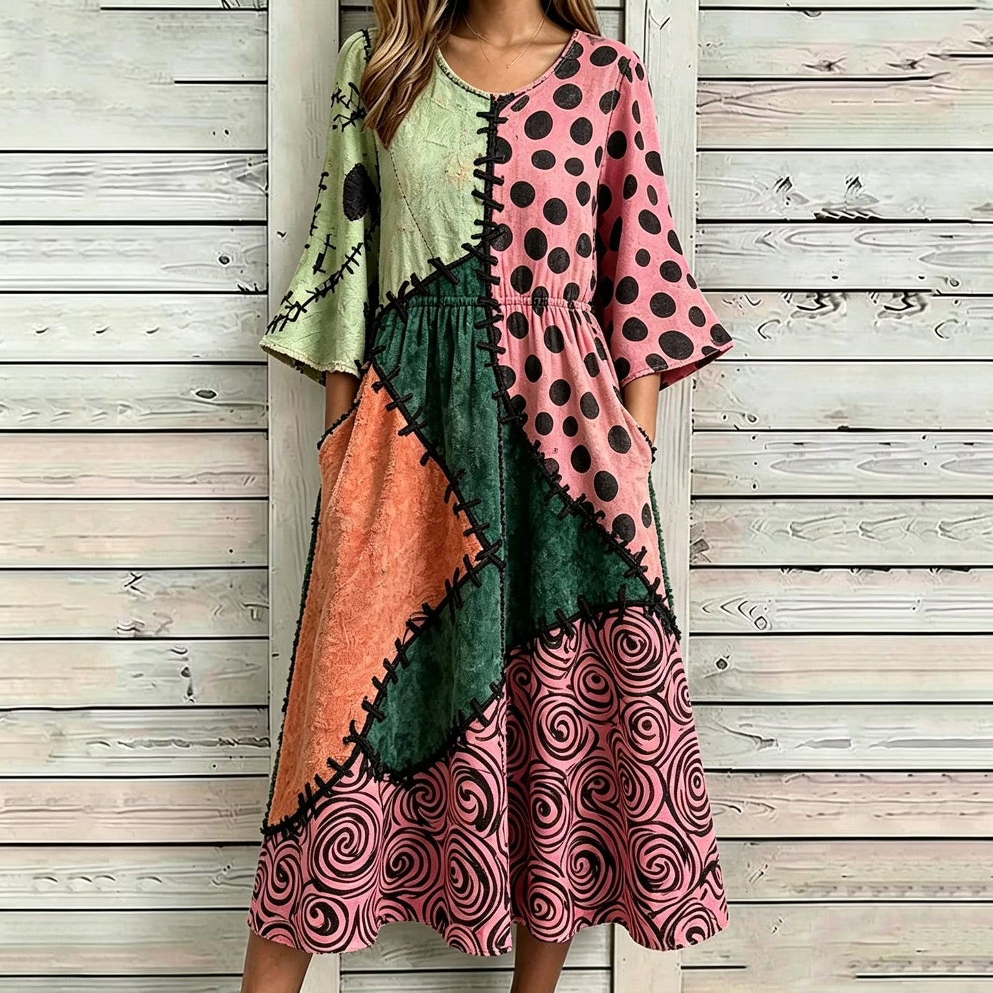 Women's Halloween Color Block Pattern Casual Mid-sleeve Dress