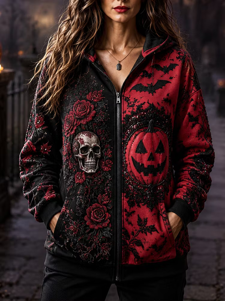 Women's Halloween Gothic Black & Red Split-color Skull & Pumpkin Zip Hoodie