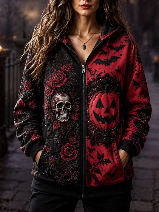 Women's Halloween Gothic Black & Red Split-color Skull & Pumpkin Zip Hoodie