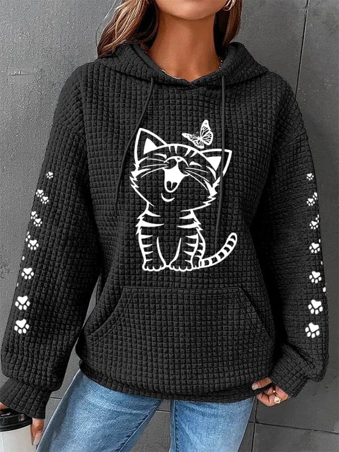 Women's Cute Cat Graphic Cat Lovers Casual Waffle Hoodie