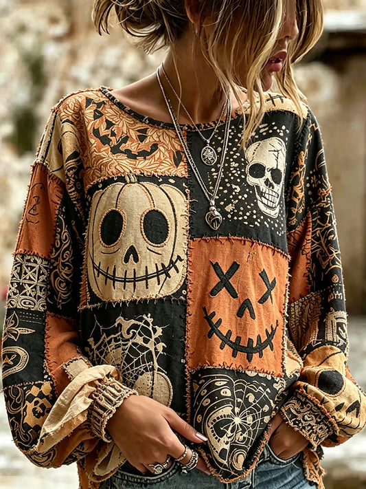 Women's Retro Halloween-style Bizarre Pumpkin Smiley Face Color Block Casual Linen Top
