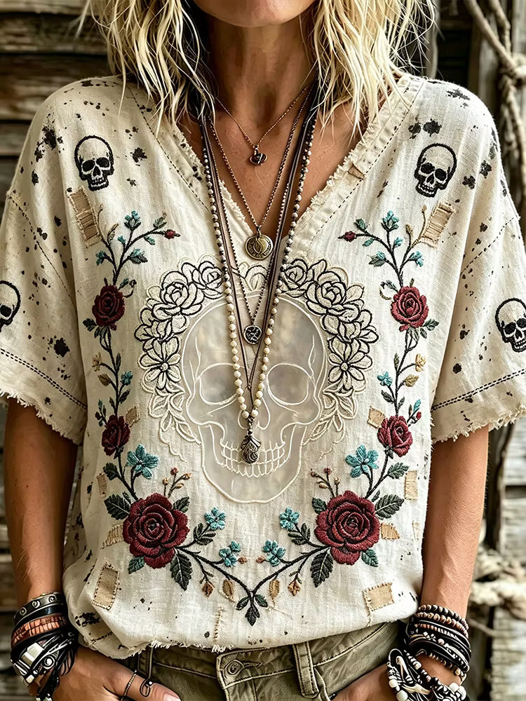 Women's Off White Boho Skull Rose Embroidery V Neck T-shirt
