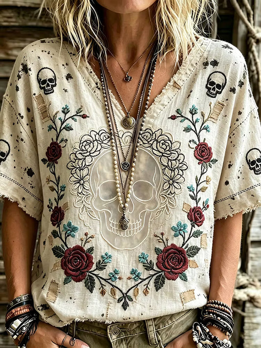 Women's Off White Boho Skull Rose Embroidery V Neck T-shirt