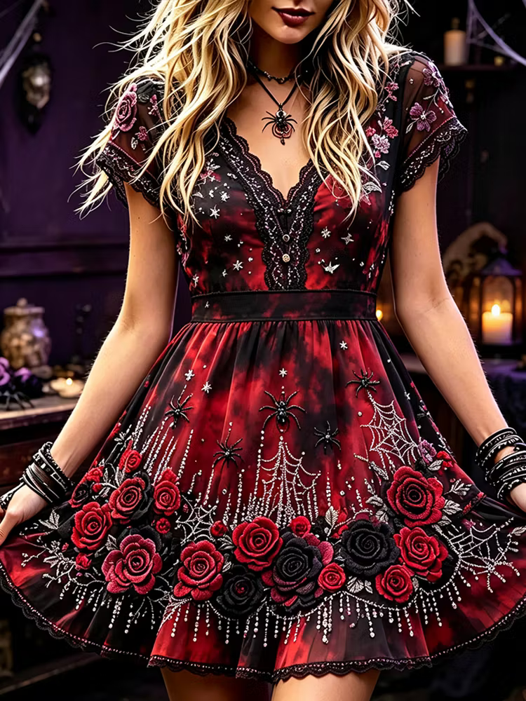 Women's Gothic V-neck Short-sleeved Mini Dress, Adorned With Red And Black Roses, Spider Webs, And Star Patterns.