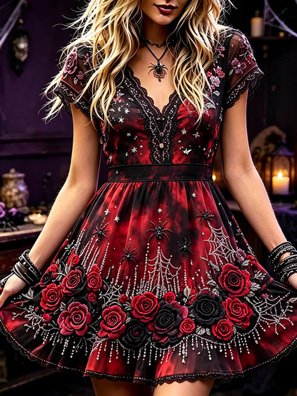 Women's Gothic V-neck Short-sleeved Mini Dress, Adorned With Red And Black Roses, Spider Webs, And Star Patterns.