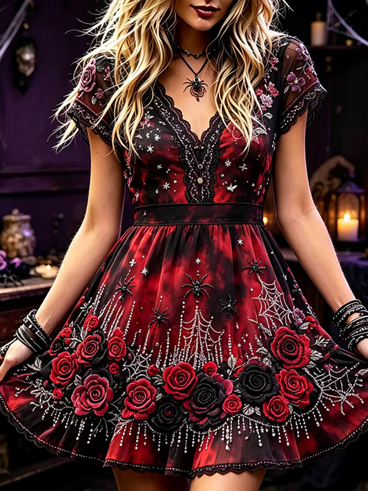 Women's Gothic V-neck Short-sleeved Mini Dress, Adorned With Red And Black Roses, Spider Webs, And Star Patterns.