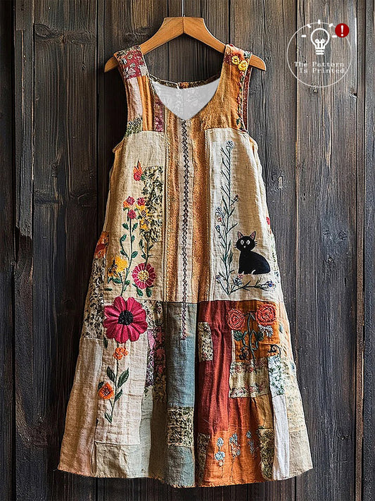 Women's Cute Cat Print Sleeveless V Neck Dress