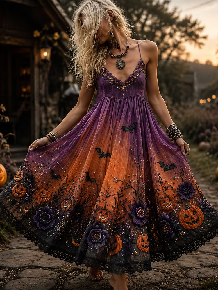 Women's Halloween Gothic Purple & Orange Ombre Pumpkin & Bat Print Maxi Dress