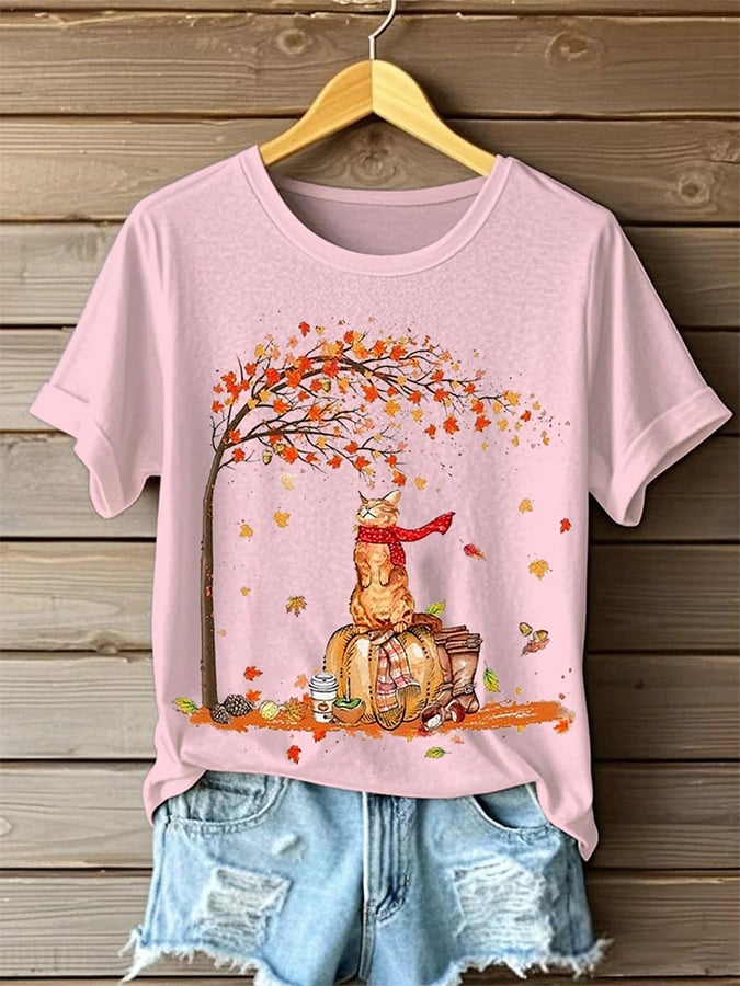 Women's Retro  It’s Fall Y’all Cute Cat Print T-Shirt