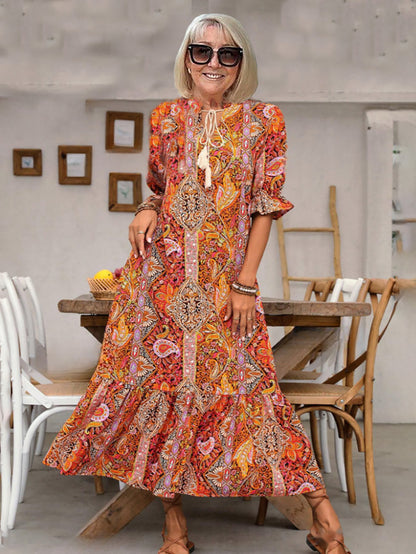 Paisley Bohemian Long Length Vintage Print Tassel Tie Neck Tunic Dress - Elegant Vacation Style with Drawstring, Ruffle Hem, and Random Printing
