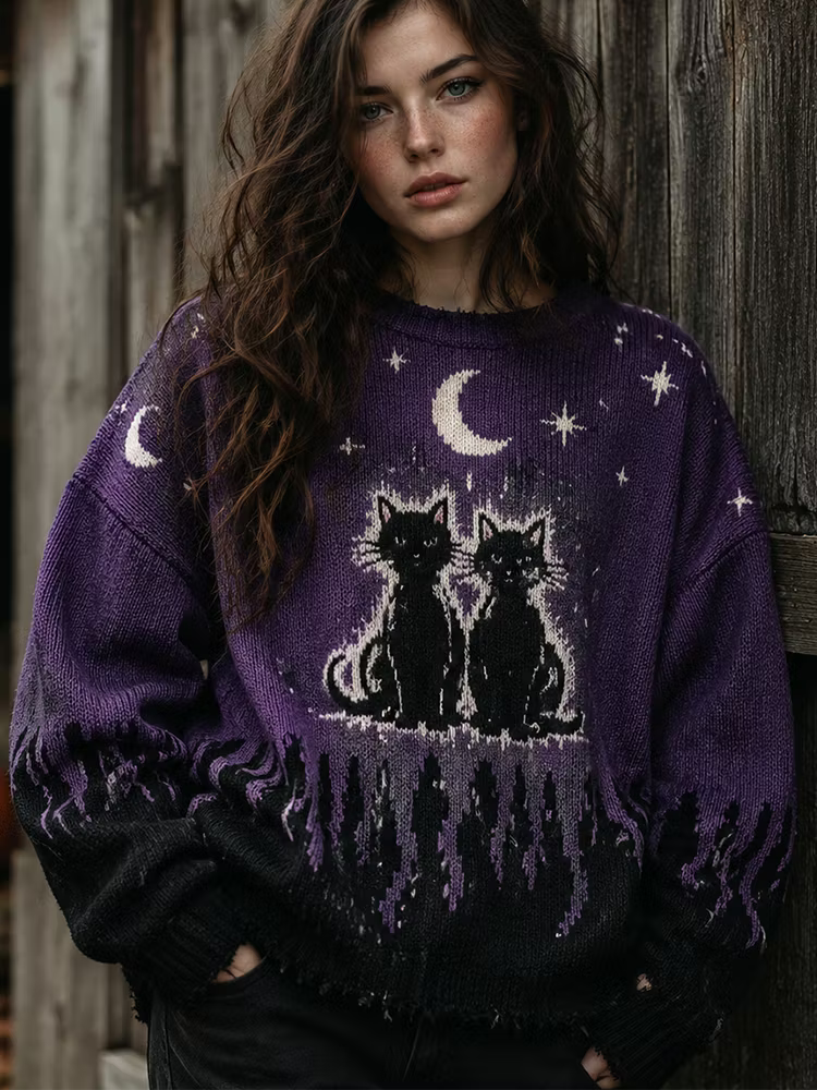 Women's Boho Celestial Moon And Star Pattern Oversized Sweater With Fringe Hem