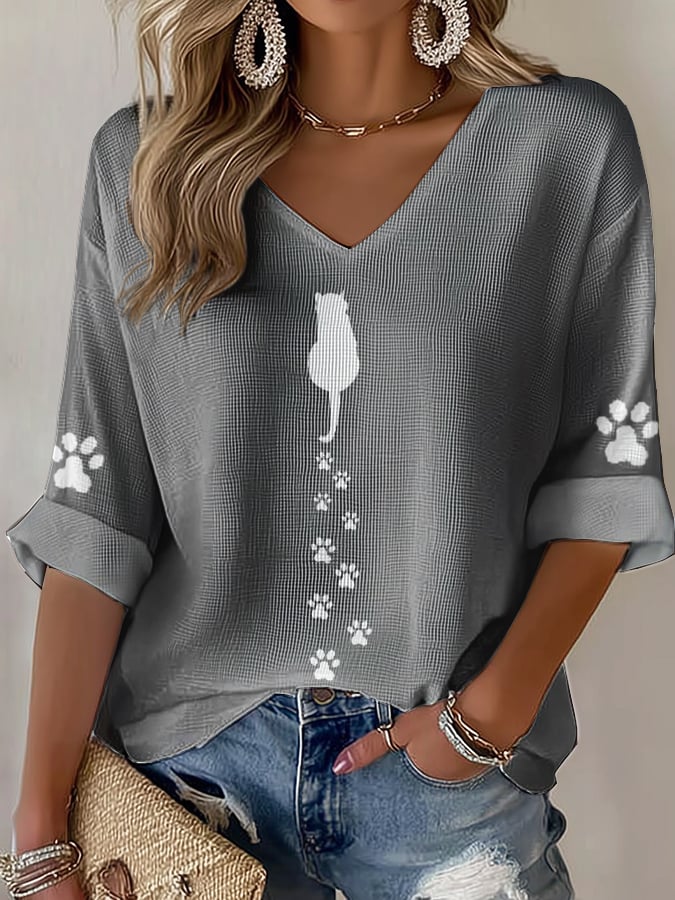 Women's Cute Cat Print Waffle T-shirt