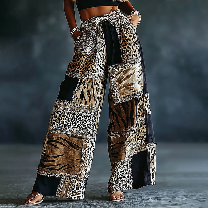 Women's Vintage Leopard And Animal Patchwork Art Print Flowy Linen Blend Casual Pants