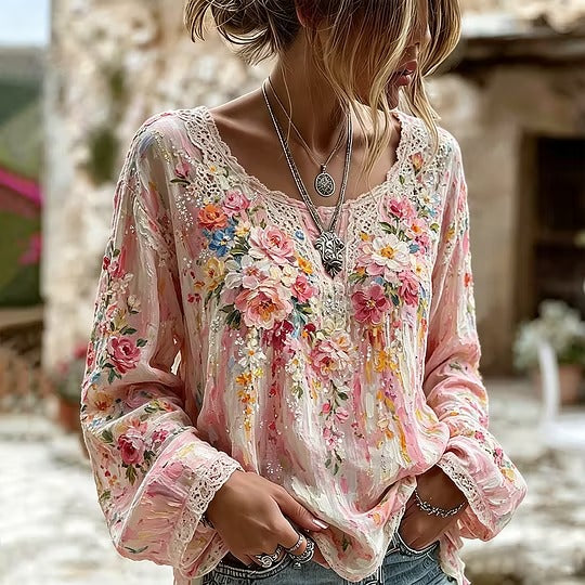 Women's Oil Painting Romantic Flower Lace Art Printed Cotton Hemp Colorful Round Neck Long Sleeve Top