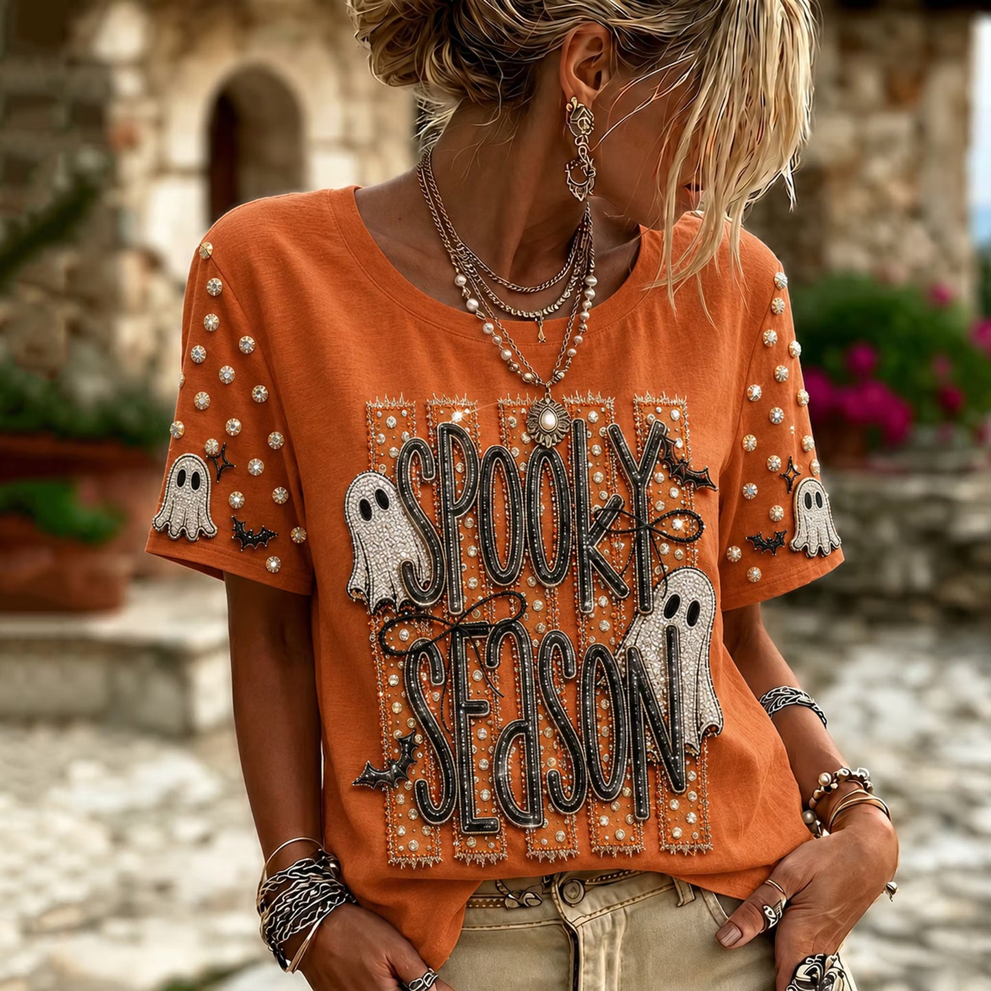 Women's Halloween Ghost Pattern Crew Neck Short Sleeve T-shirt