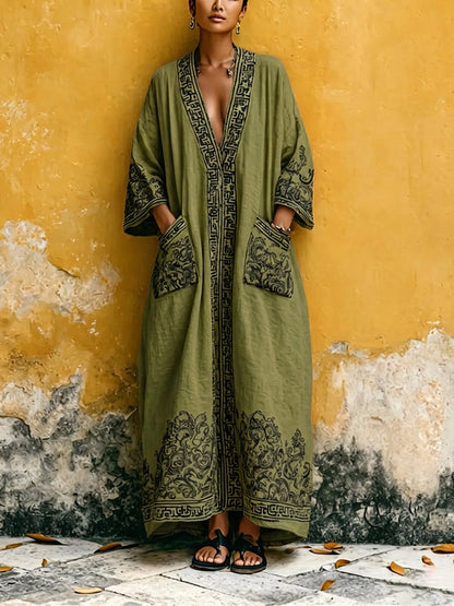 Bohemian Vintage-print Cotton-linen Maxi Dress