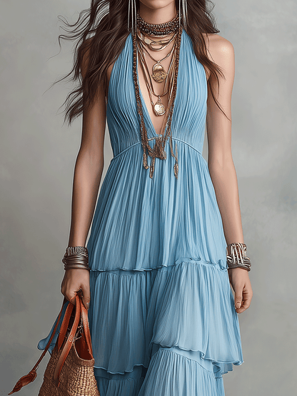 Elegant Bohemian Flowing Resort Chic Sky Blue Tiered Halter Maxi Dress