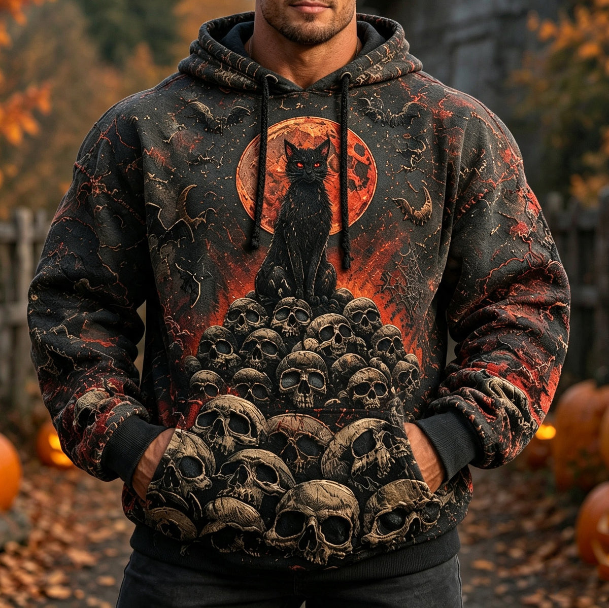 Men's Retro Halloween Style Blood Moon, Cat, And Skull Print Hoodie